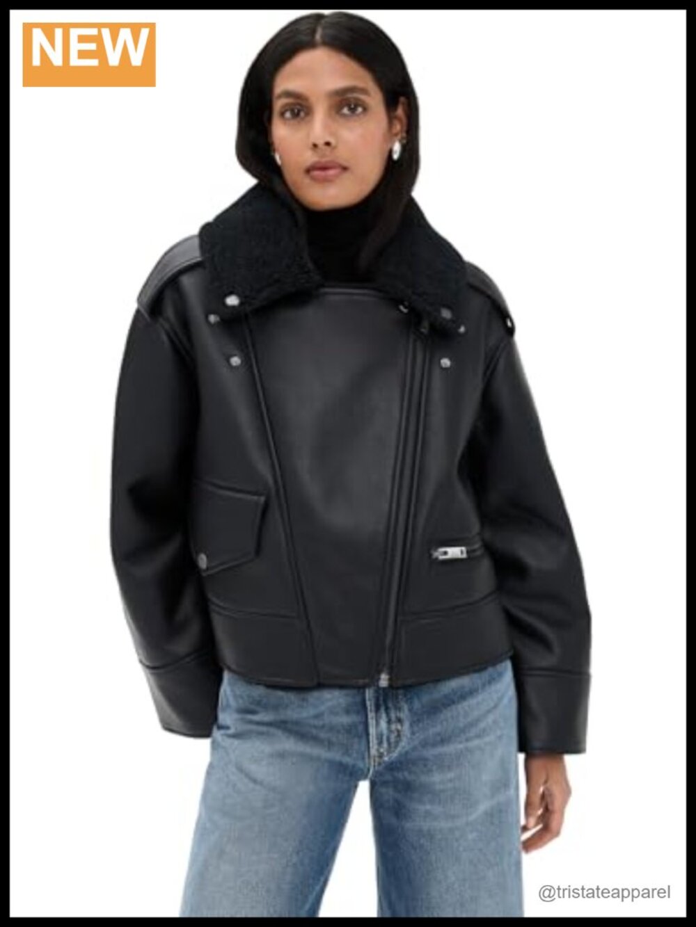 Faux Leather Moto Jacket with Faux Shearling - Asymmetrical Zip - Women's